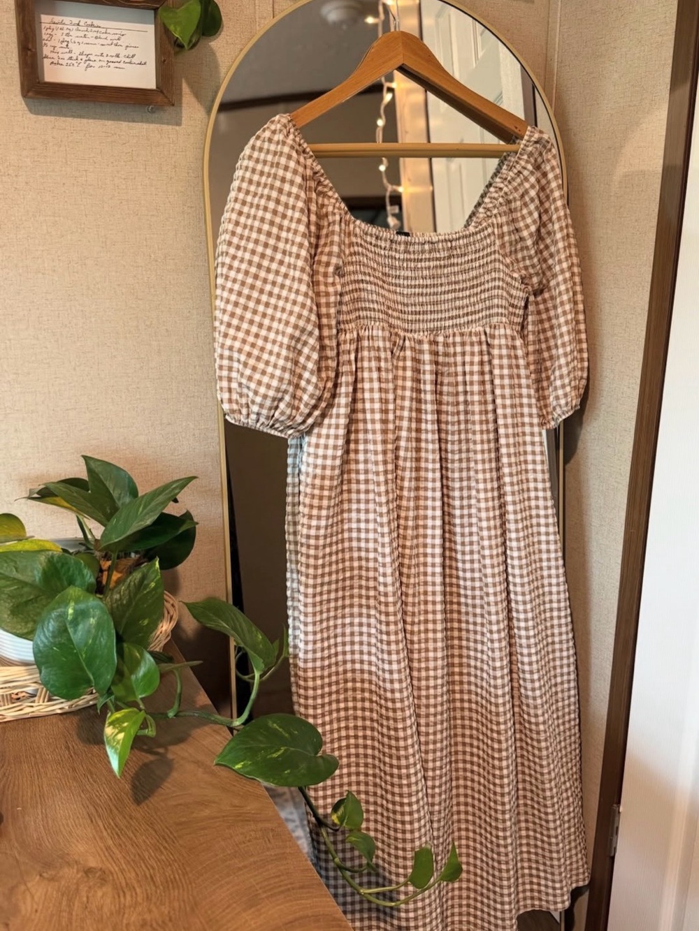 Smocked Gingham Maxi Dress in Beige & Cream